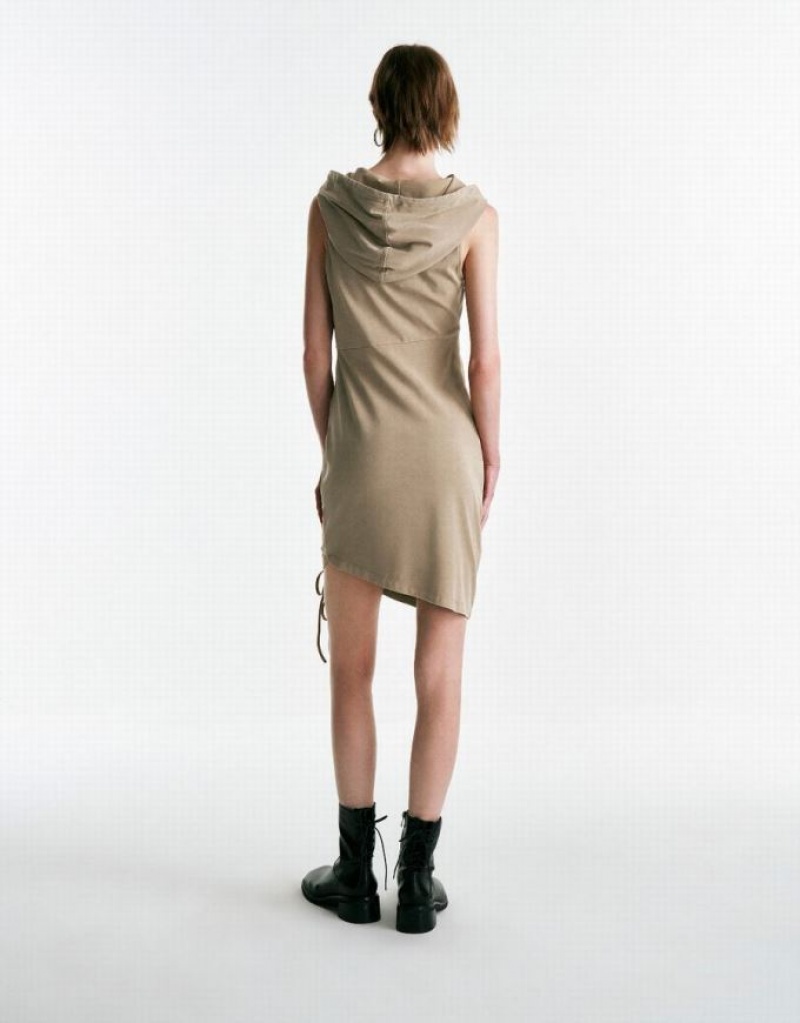 Khaki Urban Revivo Sleeveless Hooded Skater Women's Short Dress | 67312BOLS