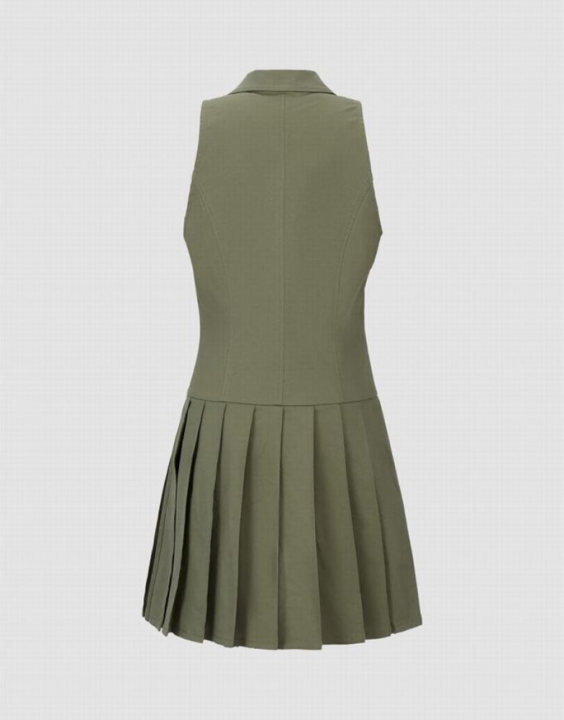 Khaki Urban Revivo Sleeveless Lapel Skater Women's Short Dress | 27493PAVW