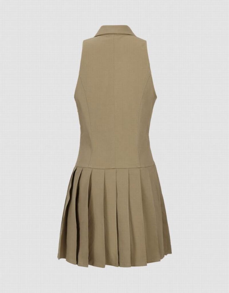 Khaki Urban Revivo Sleeveless Lapel Skater Women's Short Dress | 27493PAVW