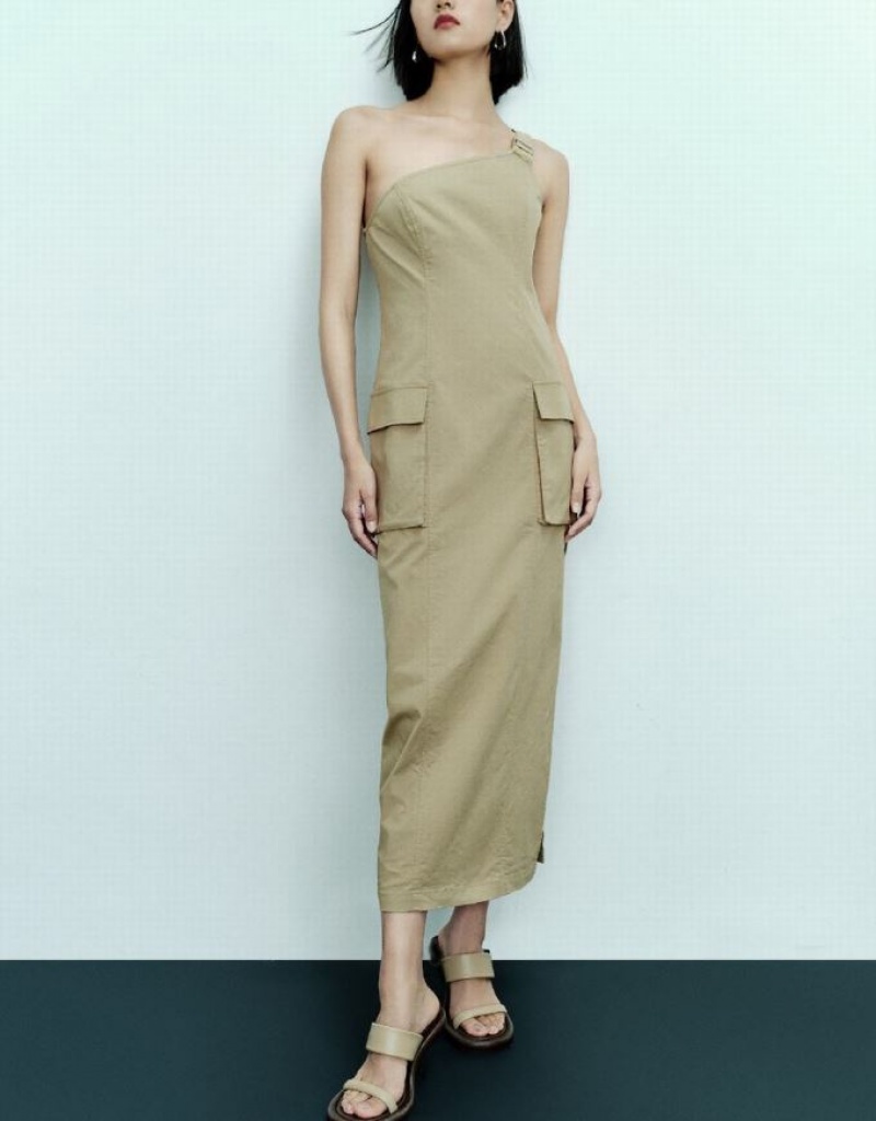 Khaki Urban Revivo Sleeveless One Shoulder Straight Women's Dress | 19564VIJW