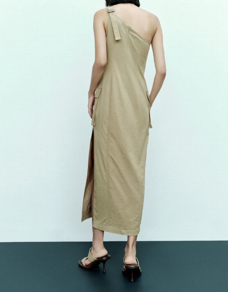 Khaki Urban Revivo Sleeveless One Shoulder Straight Women's Dress | 19564VIJW