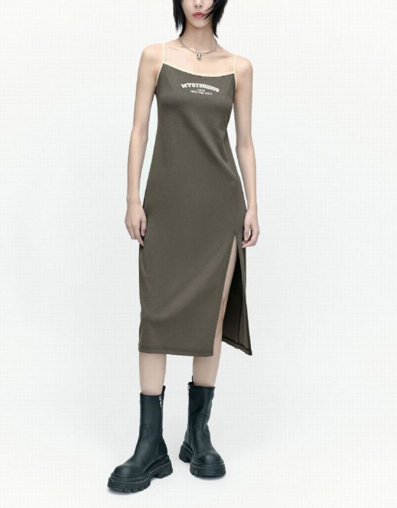 Khaki Urban Revivo Sleeveless U Neck Skinny Women's Dress | 08723XLNZ