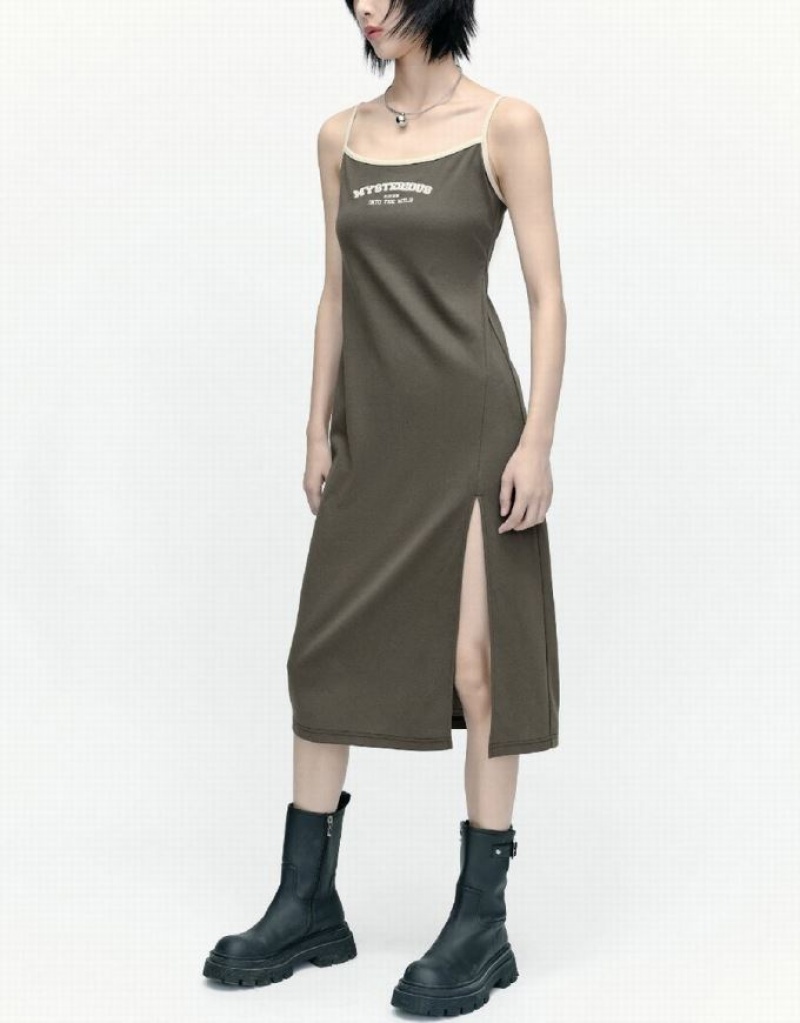 Khaki Urban Revivo Sleeveless U Neck Skinny Women's Dress | 08723XLNZ