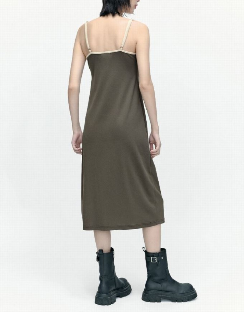 Khaki Urban Revivo Sleeveless U Neck Skinny Women's Dress | 08723XLNZ