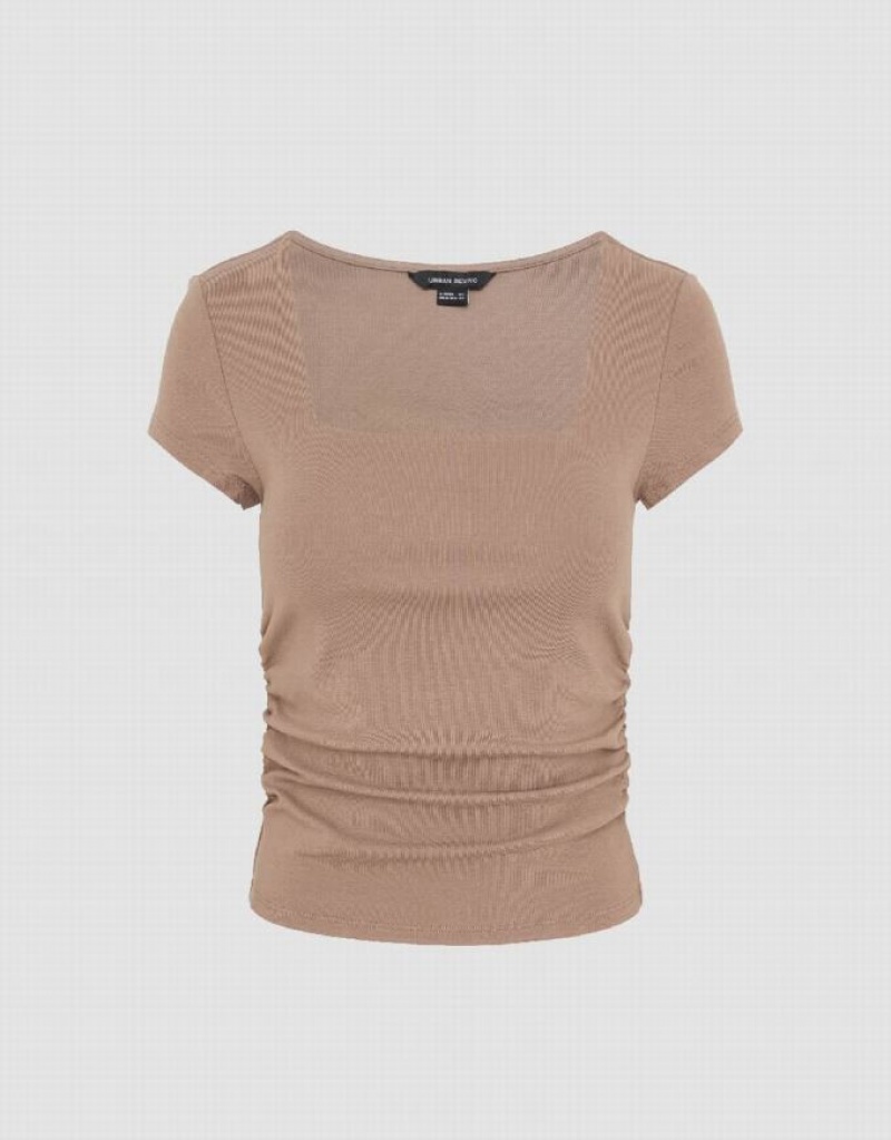 Khaki Urban Revivo Square-Cut Collar Skinny Knitted Women's T-Shirts | 92436AIJH