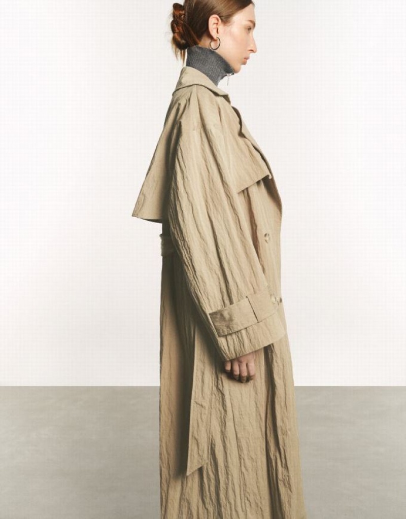 Khaki Urban Revivo Straight With Belt Women's Trench Coat | 45087XPFZ