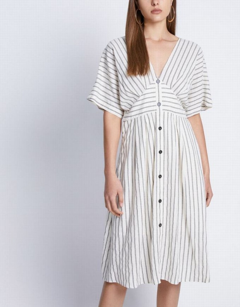 Khaki Urban Revivo Striped Button Front Midi Women's Midi Dress | 41327FAKQ