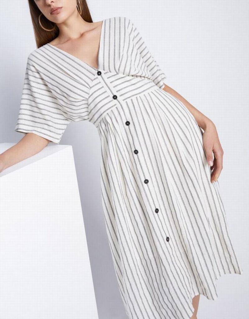 Khaki Urban Revivo Striped Button Front Midi Women's Midi Dress | 41327FAKQ