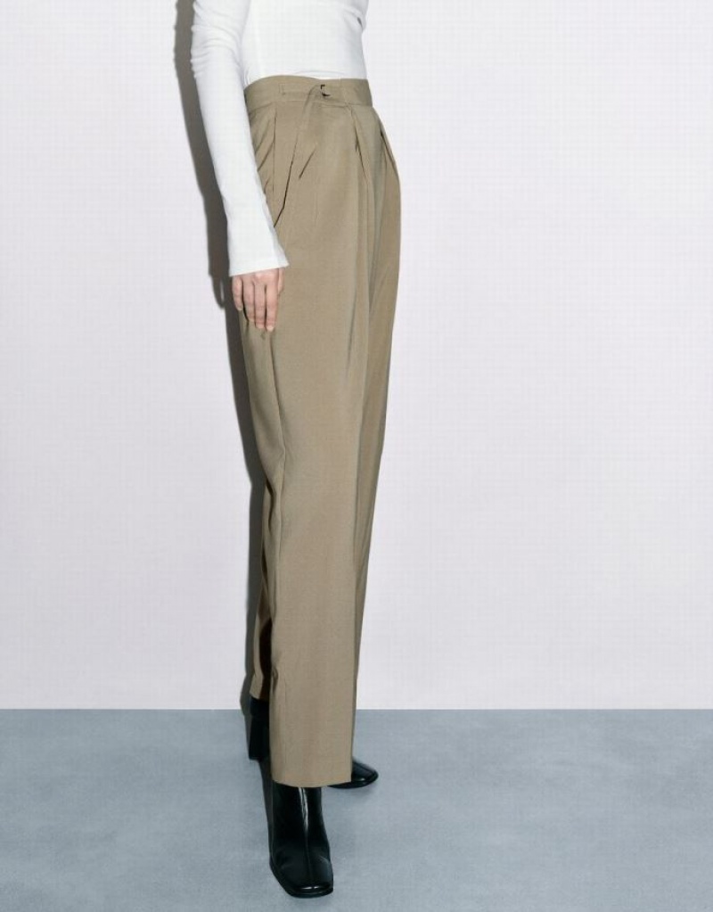 Khaki Urban Revivo Tailored Straight Women's Pants | 73456TBNF