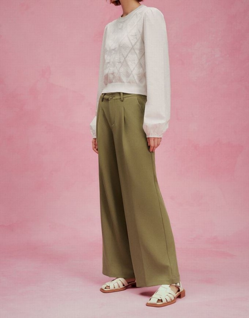 Khaki Urban Revivo Tailored Wide-Leg Women's Pants | 36047YLIZ