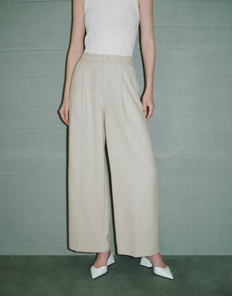 Khaki Urban Revivo Tailored Wide-Leg Women's Pants | 27150DAFH