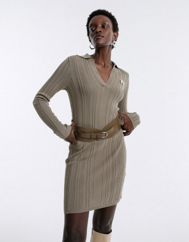 Khaki Urban Revivo Textured Mini Women's Knitted Dress | 41965EZKT