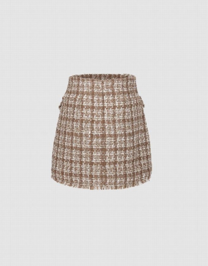 Khaki Urban Revivo Tweed Mini A-Line Women's Skirts | 42973YRMQ