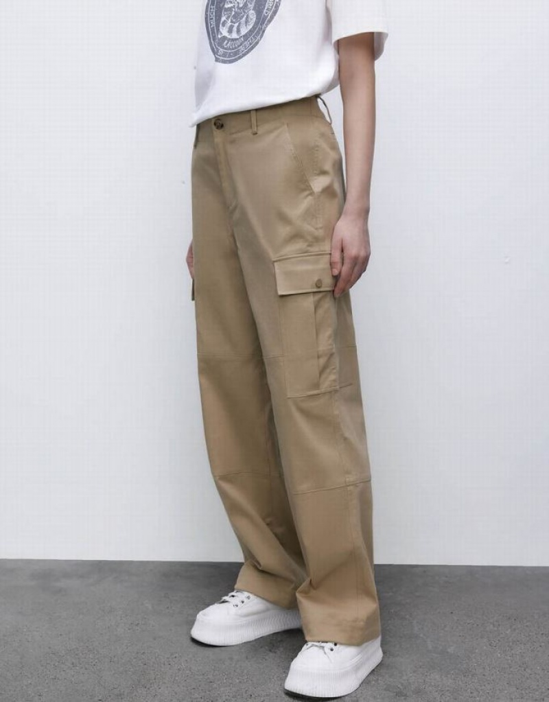 Khaki Urban Revivo Wide-Leg Women's Pants | 20379WYMX