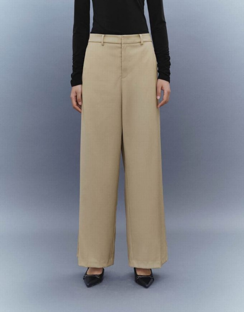 Khaki Urban Revivo Wide-Leg Women's Pants | 09137YUQO