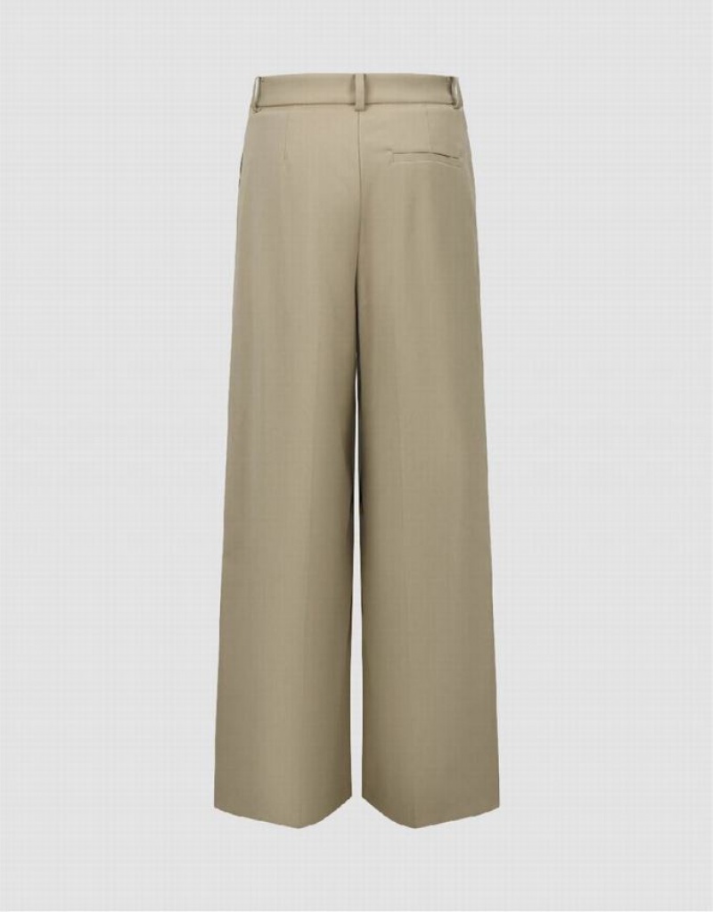 Khaki Urban Revivo Wide-Leg Women's Pants | 09137YUQO