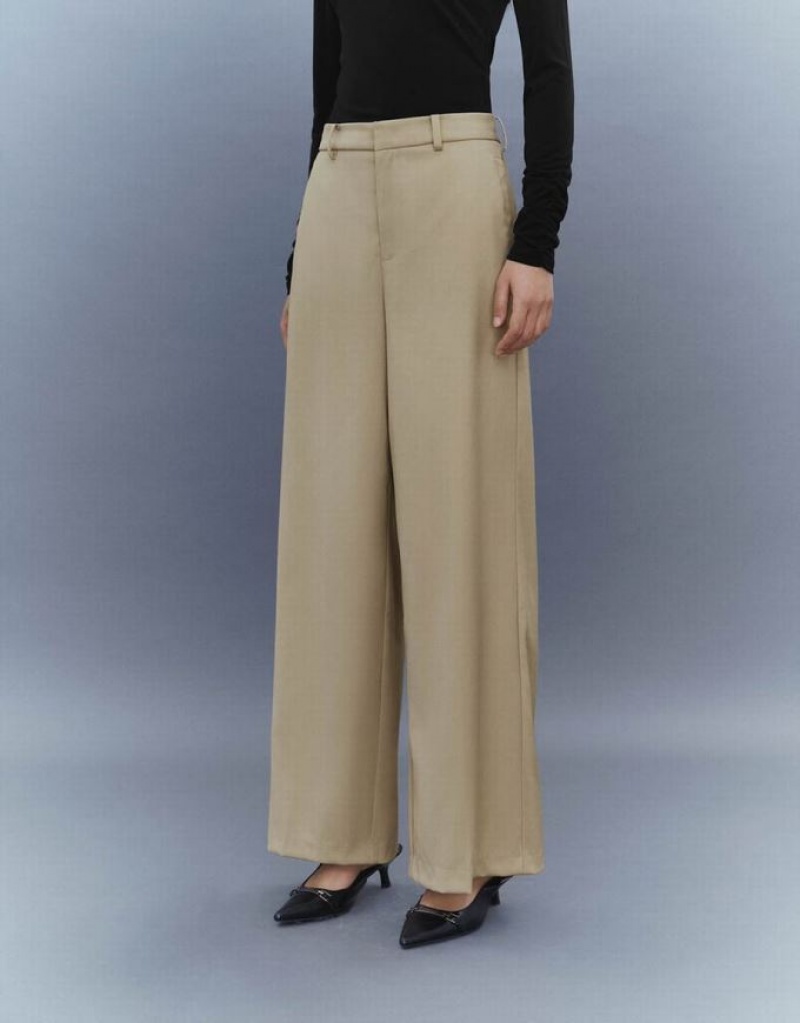 Khaki Urban Revivo Wide-Leg Women's Pants | 09137YUQO