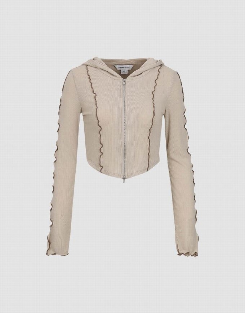 Khaki Urban Revivo Zipper Front Knitted Women's Jacket | 47023TQYW