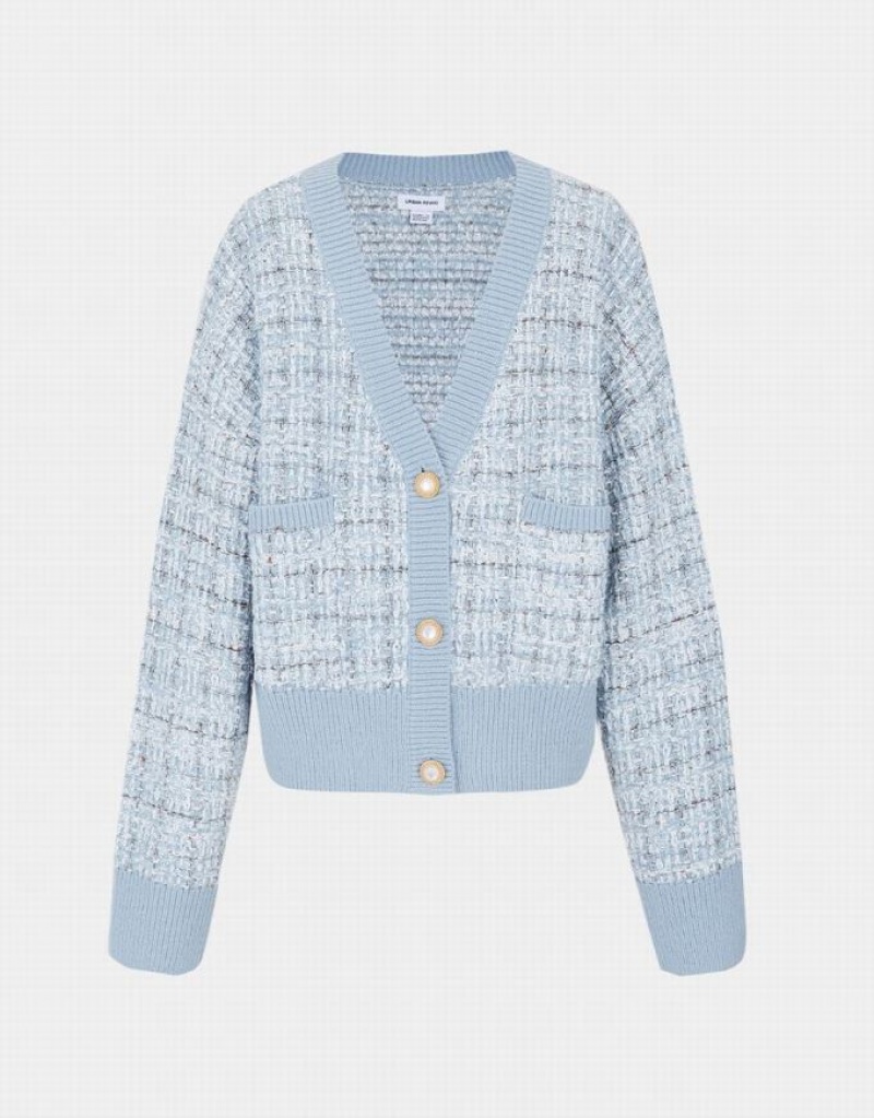 Light Blue Urban Revivo Pocket Tweed Plaid Women's Cardigan | 90348NREM