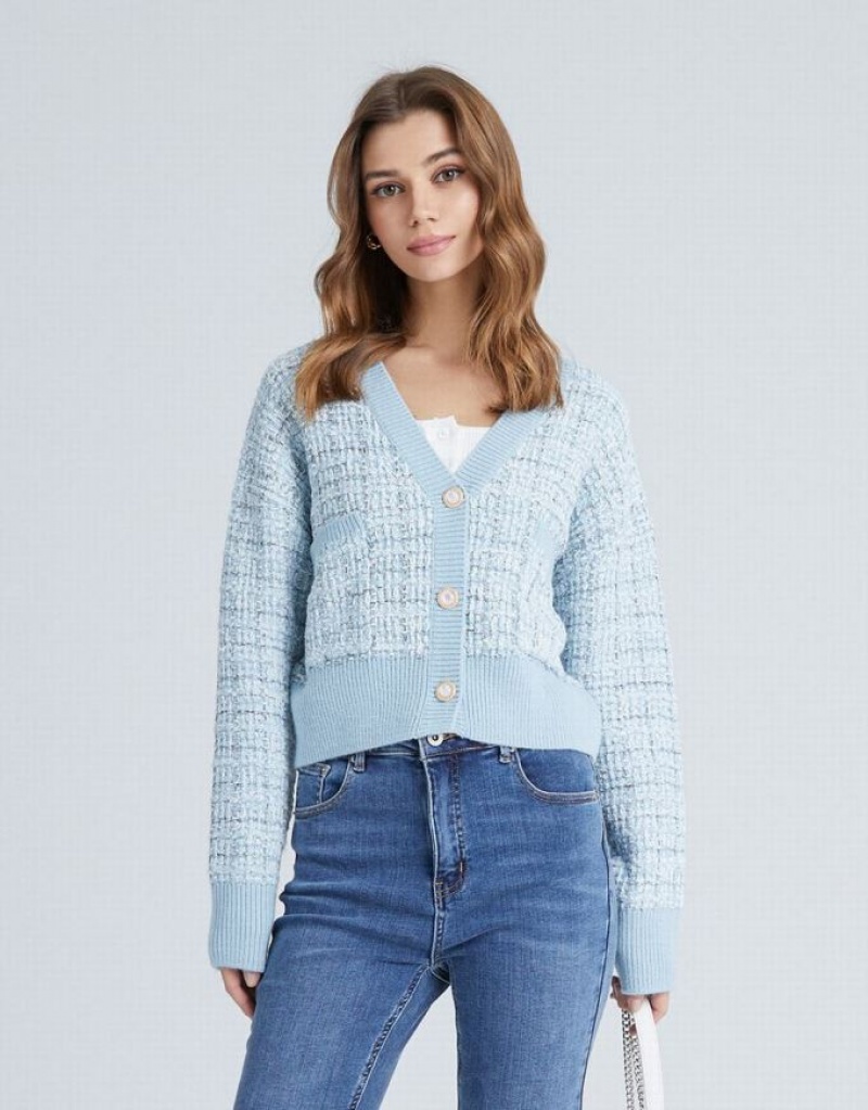 Light Blue Urban Revivo Pocket Tweed Plaid Women\'s Cardigan | 90348NREM