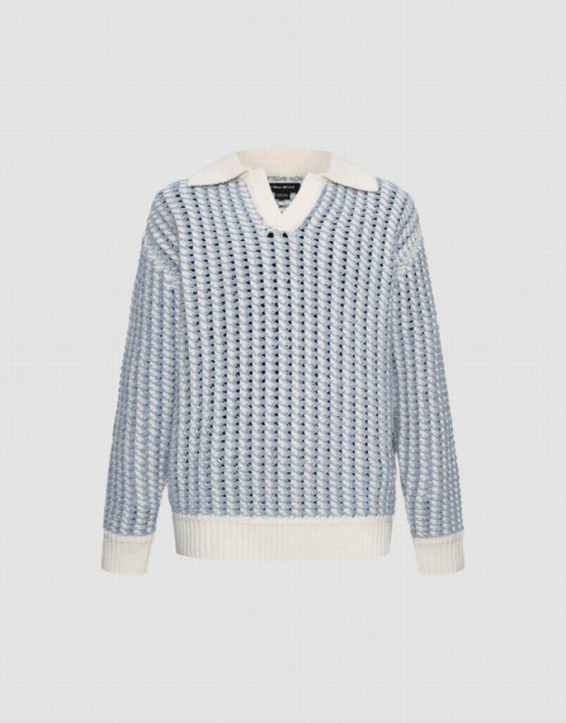 Light Blue Urban Revivo Striped Two Toned Knitted Men's Cardigan | 67804NVSI