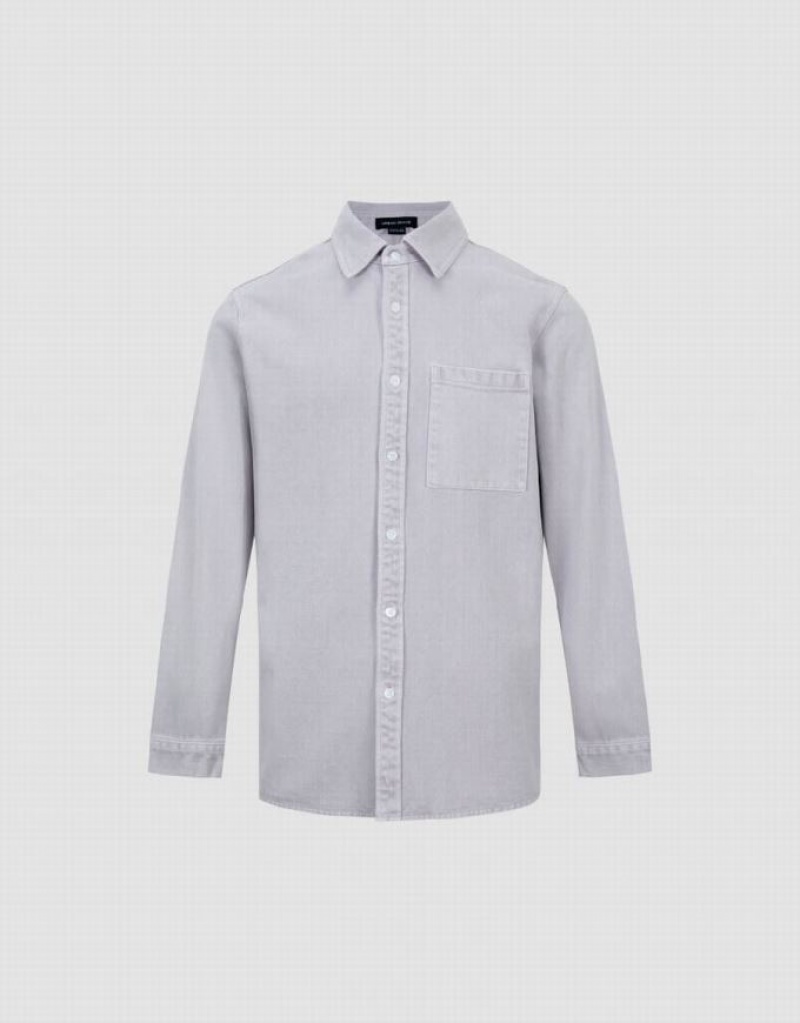 Light Grey Urban Revivo Button Up Loose Denim Men's Shirts | 17653XQCY