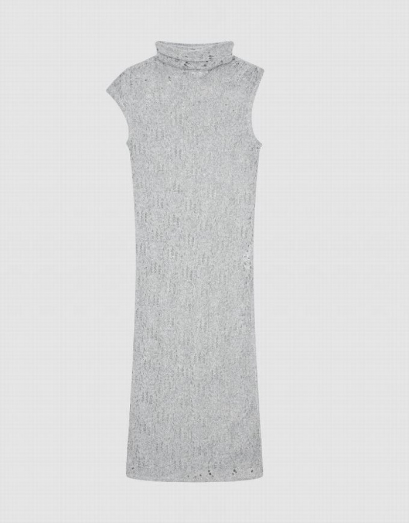 Light Grey Urban Revivo Crochet Sleeveless Turtle Neck Straight Women's Dress | 74590AYKC