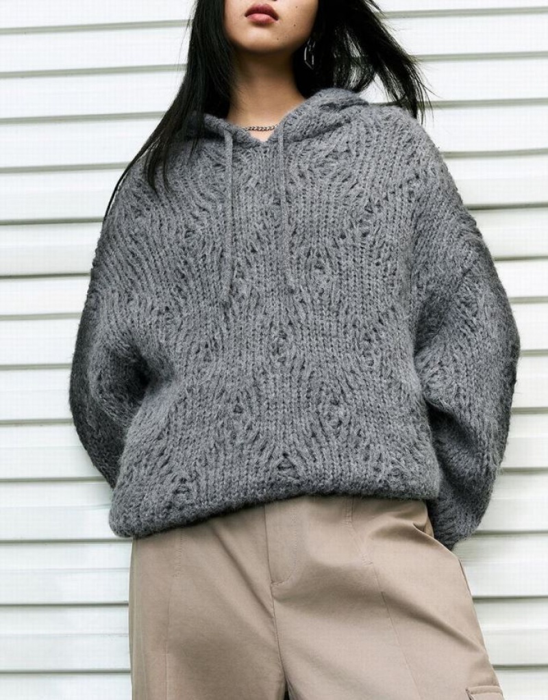 Light Grey Urban Revivo Drop Shoulder Sleeve Hooded Knitted Women's Cardigan | 56732GVUN