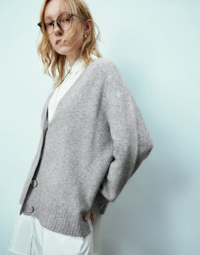 Light Grey Urban Revivo Drop Shoulder Sleeve V-Neck Knitted Women's Cardigan | 87390PNVS