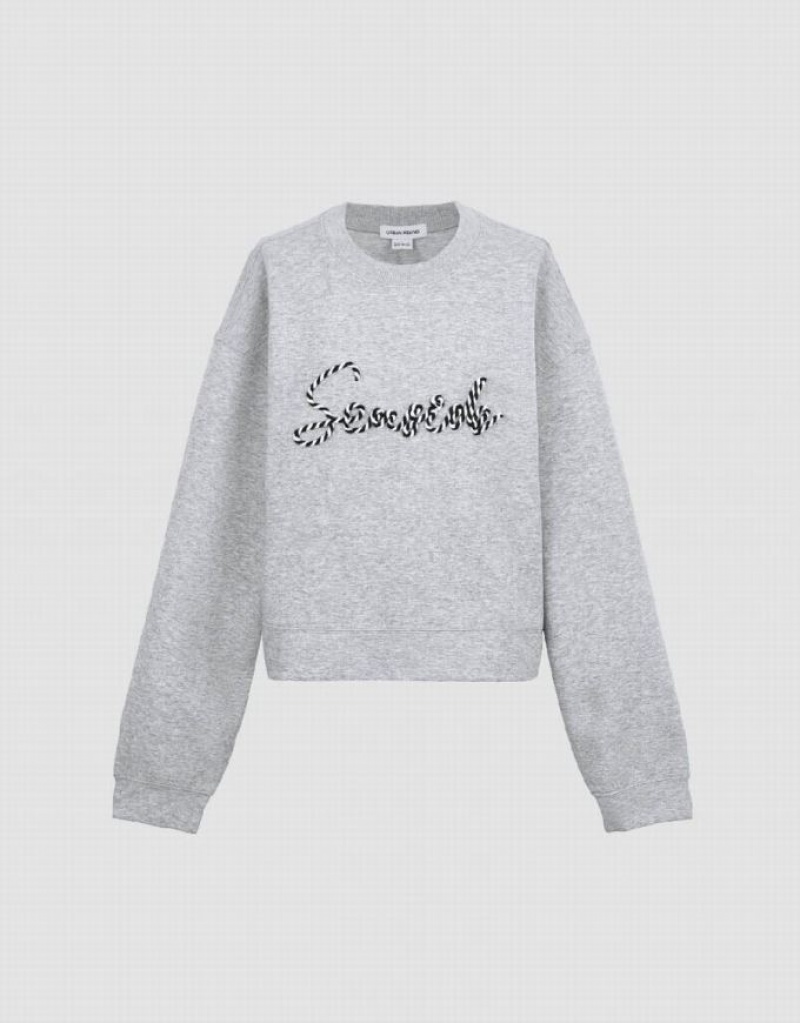 Light Grey Urban Revivo Letter Embroidered Crew Neck Loose Women's Sweatshirts | 74529MCJU