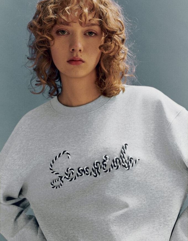 Light Grey Urban Revivo Letter Embroidered Crew Neck Loose Women's Sweatshirts | 74529MCJU