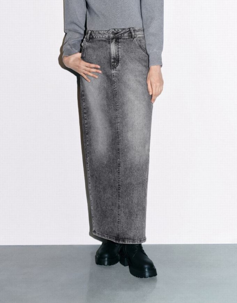 Light Grey Urban Revivo Midi Straight Women's Denim Skirt | 28697BJOU