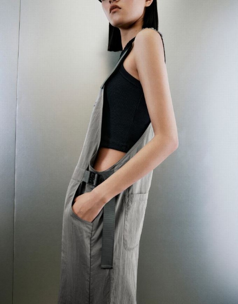 Light Grey Urban Revivo Overall With Front Zipper Pocket Women's Pants | 57986DUOZ