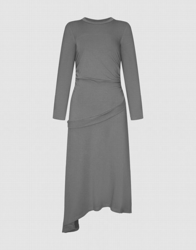 Light Grey Urban Revivo Ruched Crew Neck A-Line Women's Dress | 92318XWMO