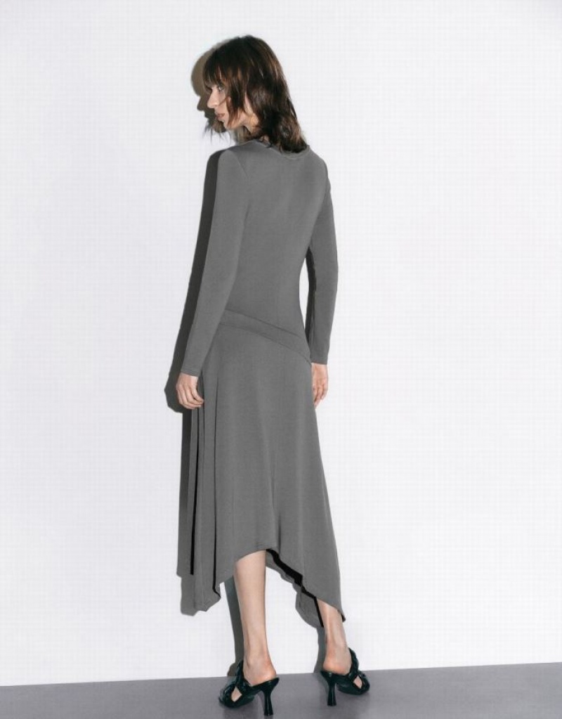 Light Grey Urban Revivo Ruched Crew Neck A-Line Women's Dress | 92318XWMO