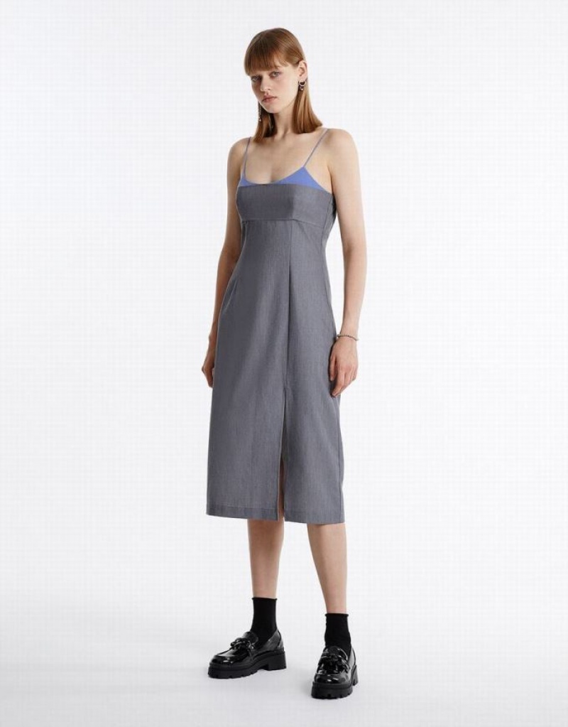 Light Grey Urban Revivo Slit Hem Contrast Color Women's Casual Dress | 23610PILQ