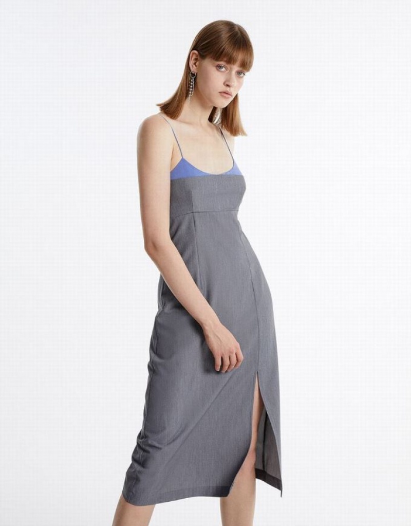 Light Grey Urban Revivo Slit Hem Contrast Color Women\'s Casual Dress | 23610PILQ