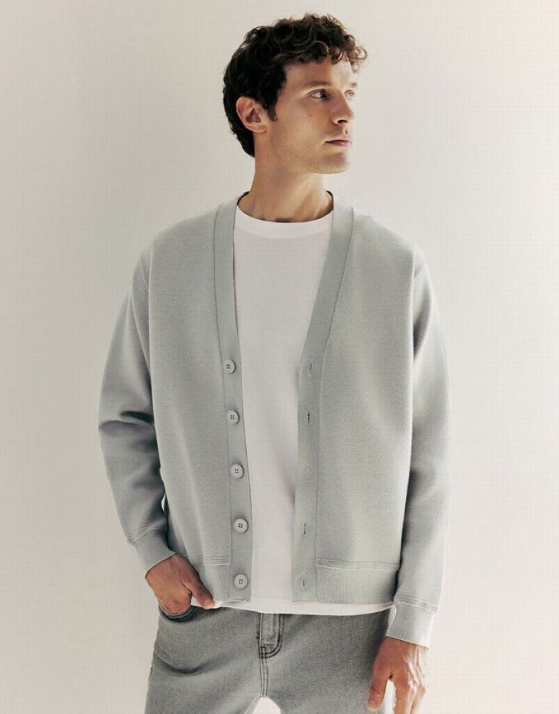 Light Grey Urban Revivo V-Neck Knitted Men\'s Cardigan | 93710DLQC