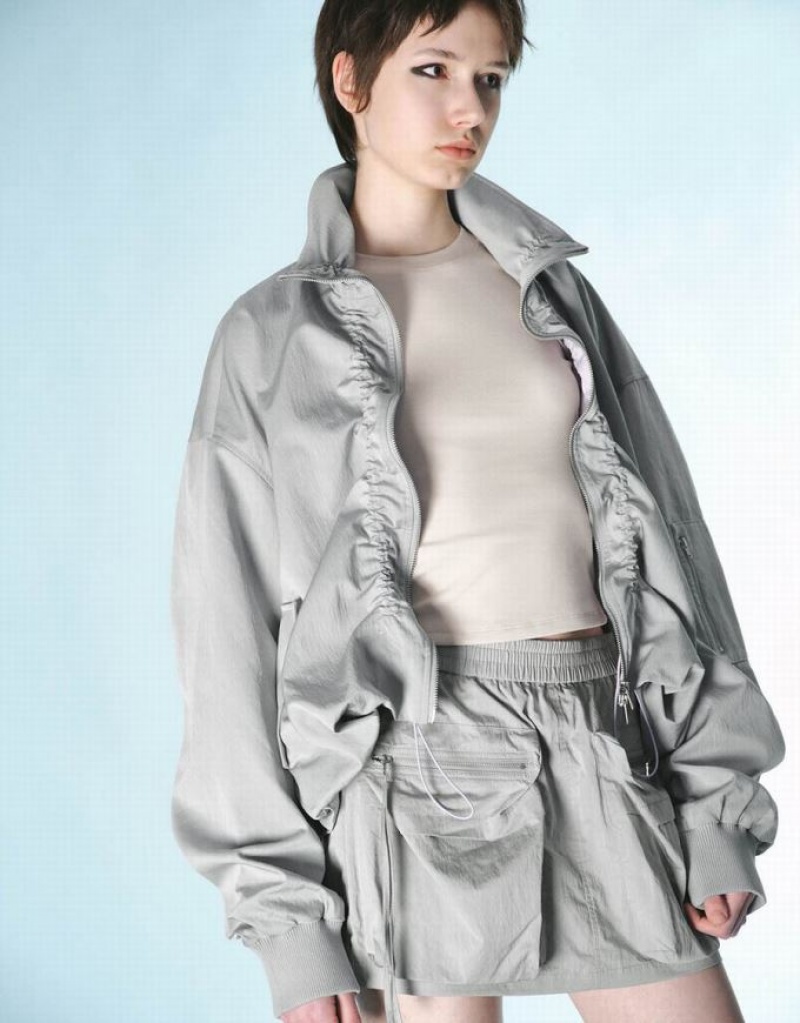 Light Grey Urban Revivo Zipper Front Drop Shoulder Sleeve Women's Jacket | 25793VDUN