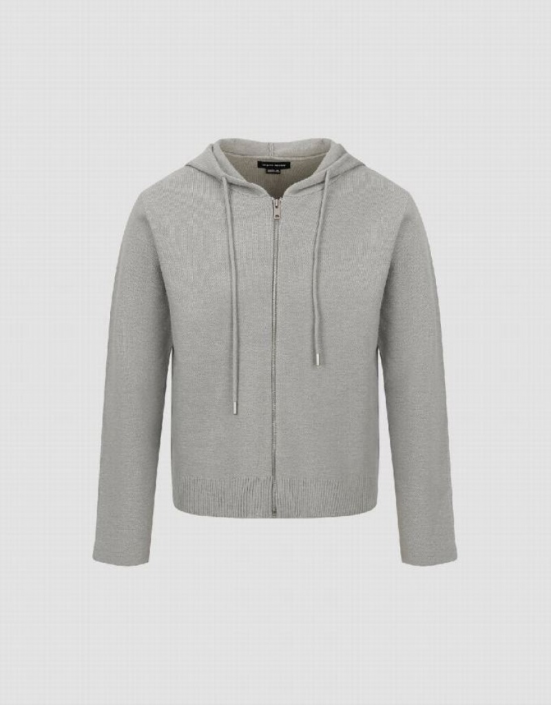 Light Grey Urban Revivo Zipper Front Hooded Knitted Men's Cardigan | 73428JFER