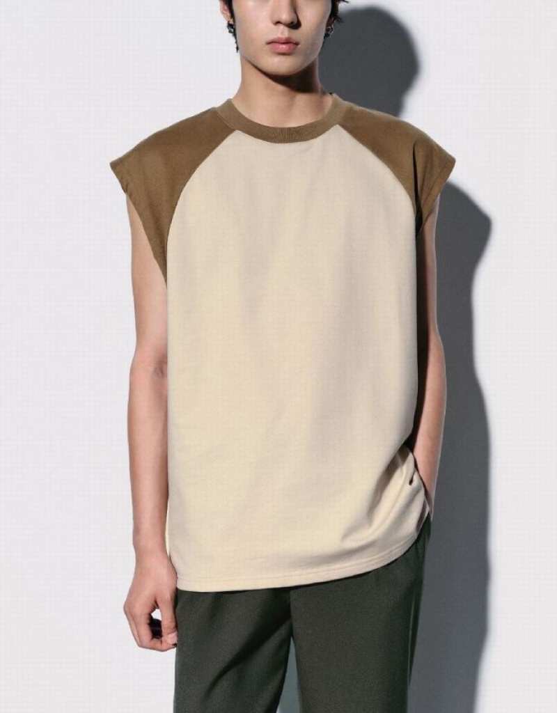 Light Khaki Urban Revivo Crew Neck Loose Men's Tank Top | 46958KVYZ