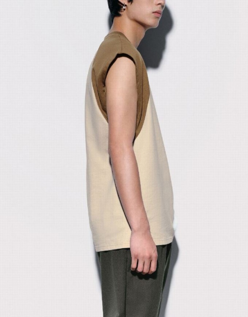 Light Khaki Urban Revivo Crew Neck Loose Men's Tank Top | 46958KVYZ