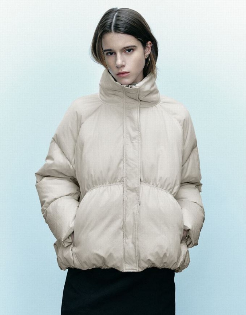 Light Khaki Urban Revivo Stand Collar Women\'s Puffer Jacket | 83965XVMJ