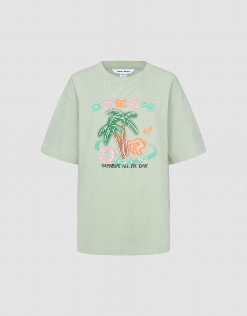 Mint Urban Revivo Coconut Tree Printed Crew Neck Women's T-Shirts | 73049PNMU