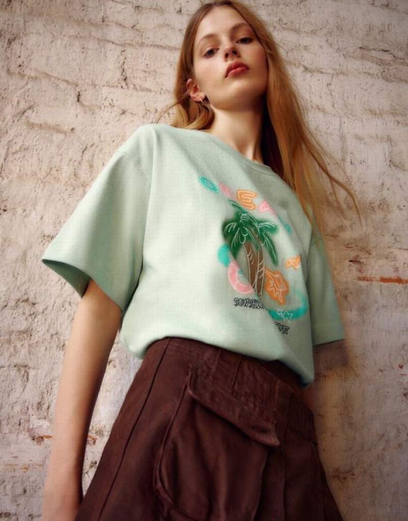 Mint Urban Revivo Coconut Tree Printed Crew Neck Women's T-Shirts | 73049PNMU