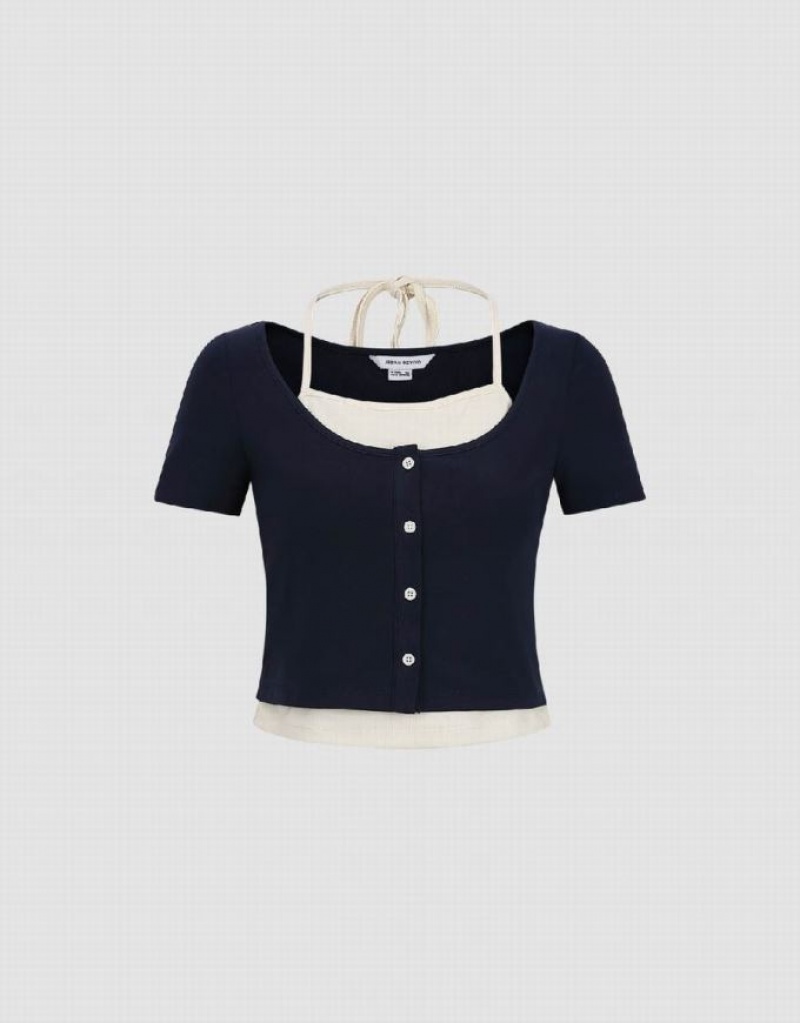 Navy Urban Revivo 2 In 1 Halter Neck Knitted Women\'s T-Shirts | 05782XHDT