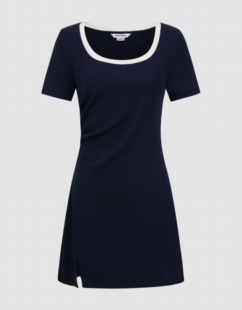 Navy Urban Revivo Crew Neck Skater Women's Short Dress | 36418QGZS