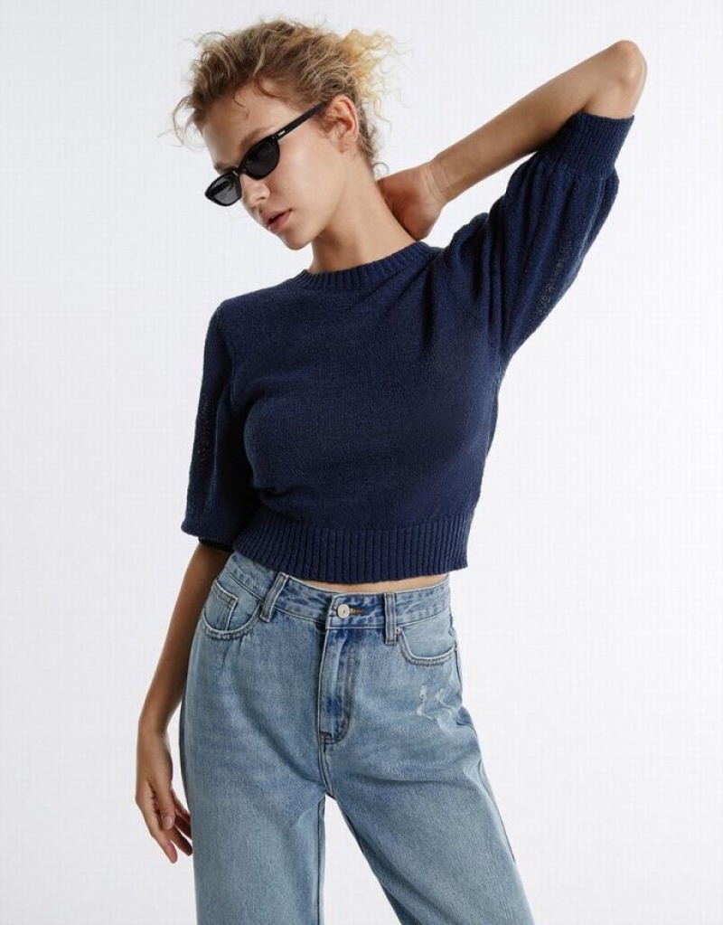 Navy Urban Revivo Plain Cropped Women's Sweaters | 02741PQDN