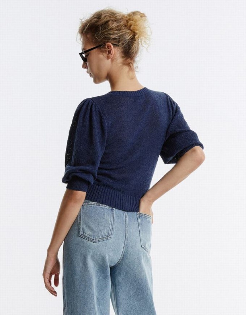 Navy Urban Revivo Plain Cropped Women's Sweaters | 02741PQDN