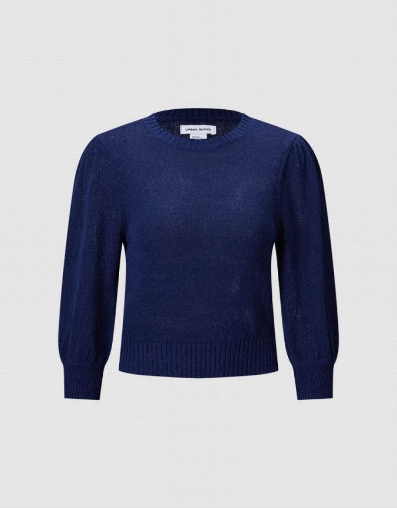 Navy Urban Revivo Plain Cropped Women's Sweaters | 02741PQDN